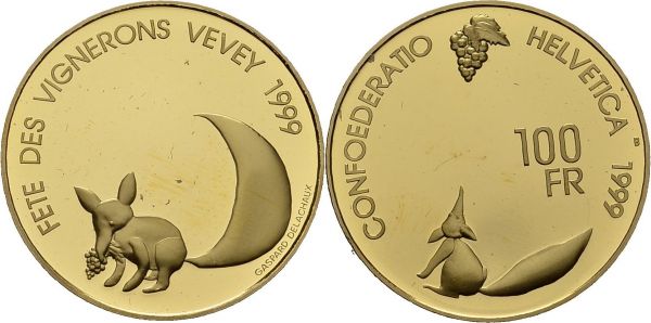 Confederation, 1848-. 100 Francs 1999. Fêtes des vignerons. HMZ 2-1218c; KM 88. AU. 22.58 g. PROOF In original case with certificate.