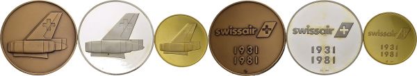 Lot of 3 medals 1981 in gold, silver and bronze. 50th anniversary of Swissair. AU, AR, BR. 18.01, 39.70, 35.57 g. PROOF In original box without certificate.