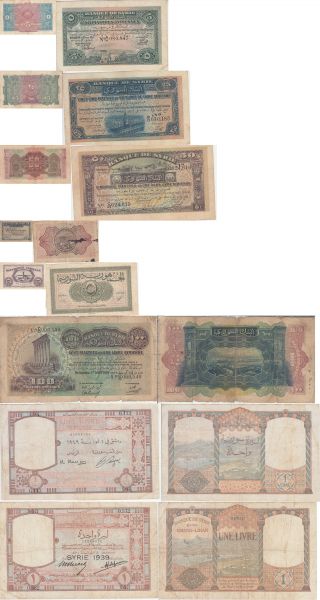 Banque de Syrie. Lot of 8 banknotes : 5, 25, 50 and 100 Piastres, Beyrouth 01 août 1919 ; 1 Piastre Beyrouth 01 janvier 1920 ; Banque de Syrie et du Grand-Liban, 1 Livre 01-02-1935 overprinted ''SYRIE 1939'' ; République Syrienne, 5 Piastres Damas 15 juillet 1942 ; Banque de Syrie et du Liban 1 Livre 01-07-1949. Total (8). Pick 1a, 2, 3, 4, 6, 39A, 49, 63. G to VF