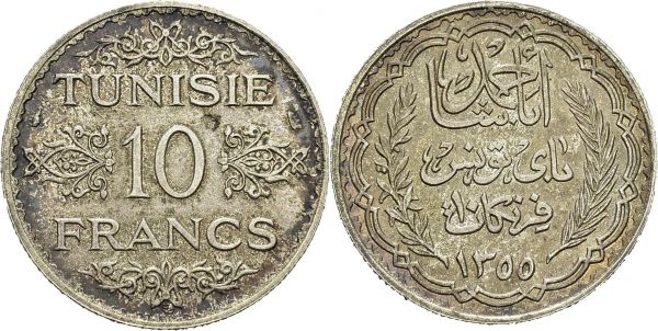 Ahmed Bey, 1929-1942. 10 Francs AH 1355 (1936). KM 262; Lec. 329. AR. 9.95 g. 1103 ex. Nice AU 