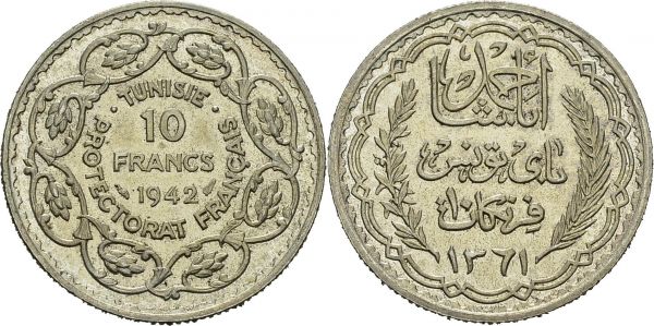 Ahmed Bey, 1929-1942. 10 Francs AH 1361 / 1942. KM 265; Lec. 337. AR. 9.95 g. 1103 ex. UNC