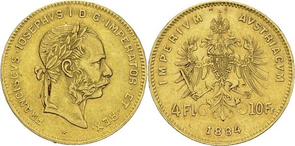 Franz Joseph I, 1848-1916. 4 Florin 10 Francs 1884, Vienna. KM 2260; Fr. 248. AU. 3.19 g. AU  