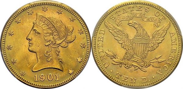 10 Dollars 1901 S, San Francisco. KM 102; Fr. 160. AU. 16.72 g. PCGS MS 64+