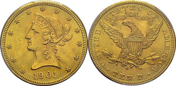 10 Dollars 1901 S, San Francisco. KM 102; Fr. 160. AU. 16.72 g. PCGS MS 64 