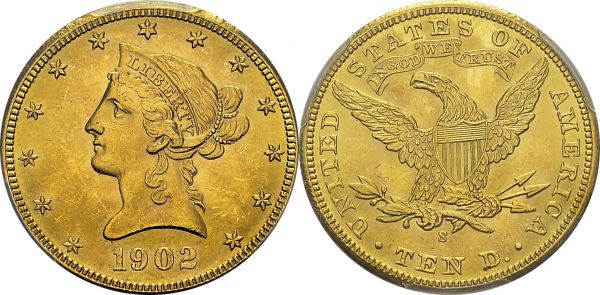 10 Dollars 1902 S, San Francisco. KM 102; Fr. 160. AU. 16.72 g. PCGS MS 64
