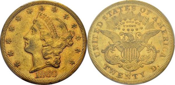 20 Dollars 1869 S, San Francisco. KM 74.2; Fr. 175. AU. 33.44 g. PCGS AU 53 