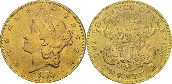 20 Dollars 1873, Philadelphia. Open 3. KM 74.2; Fr. 174. AU. 33.44 g. PCGS MS 61 