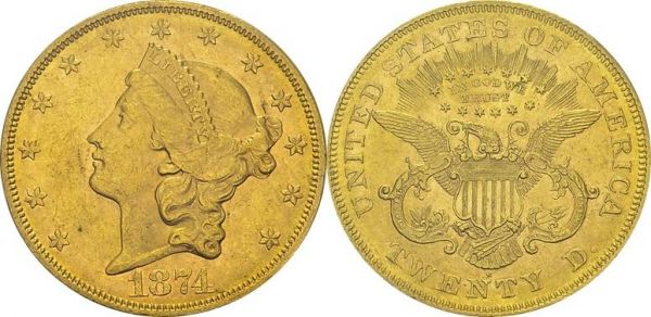 20 Dollars 1874 S, San Francisco. KM 74.2; Fr. 175. AU. 33.44 g. PCGS MS 61