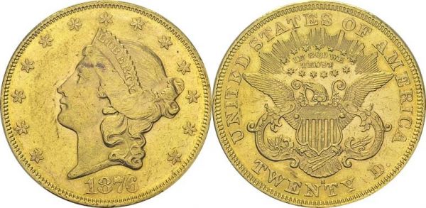 20 Dollars 1876 S, San Francisco. KM 74.2; Fr. 175. AU. 33.44 g. PCGS MS 62 