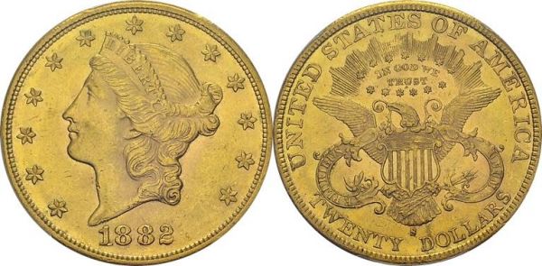 20 Dollars 1882 S, San Francisco. KM 74.3; Fr. 178. AU. 33.44 g. PCGS MS 62