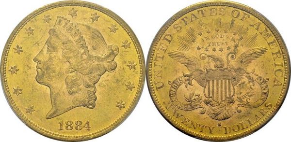20 Dollars 1884 S, San Francisco. KM 74.3; Fr. 178. AU. 33.44 g. PCGS MS 61