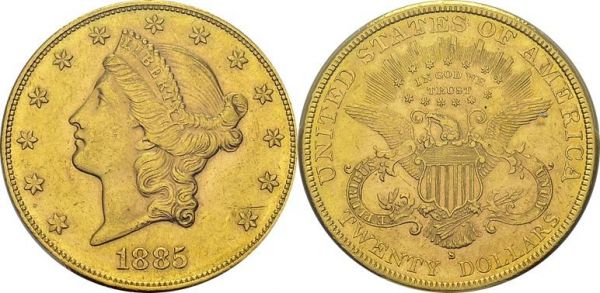 20 Dollars 1885 S, San Francisco. KM 74.3; Fr. 178. AU. 33.44 g. PCGS MS 61 