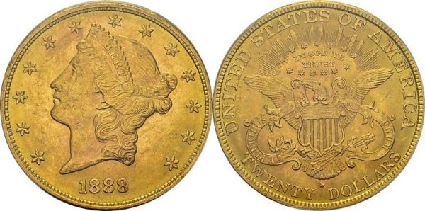 20 Dollars 1888 S, San Francisco. KM 74.3; Fr. 178. AU. 33.44 g. PCGS MS 61