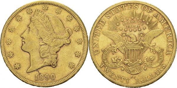 20 Dollars 1890 CC, Carson City. KM 74.3; Fr. 179. AU. 33.34 g. AU 