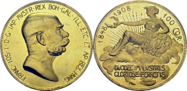 Franz Joseph I, 1848-1916. 100 Corona 1908, Vienna. 60th anniversary of reign. Obv. FRANC IOS I D G IMP AVSTR REX BOH GAL ILL ETC ET AP REX HVNG. Head right. Rev. 1848 - 1908 - 100 COR / DVODECIM LVSTRIS GLORIOSE PERACTIS. Seated woman left. KM 2812; Fr. 514. AU. 33.88 g. PCGS MS 62  One of the beauties of Austrian gold coinage, nicknamed the 