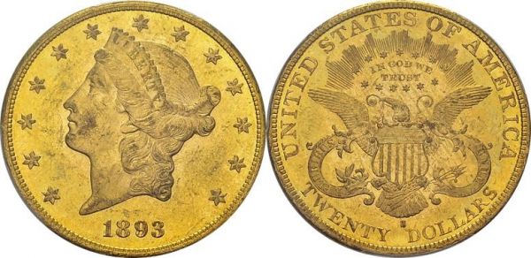 20 Dollars 1893 S, San Francisco. KM 74.3; Fr. 178. AU. 33.44 g. PCGS MS 63