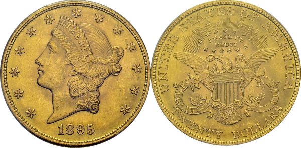 20 Dollars 1895, Philadelphia. KM 74.3; Fr. 176. AU. 33.44 g. PCGS MS 63