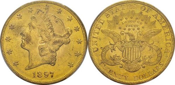 20 Dollars 1897, Philadelphia. KM 74.3; Fr. 176. AU. 33.44 g. PCGS MS 63 