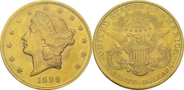 20 Dollars 1899, Philadelphia. KM 74.3; Fr. 176. AU. 33.44 g. PCGS MS 64