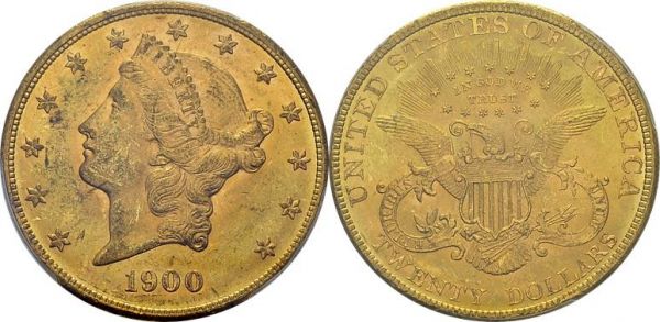 20 Dollars 1900, Philadelphia. KM 74.3; Fr. 176. AU. 33.44 g. PCGS MS 62 