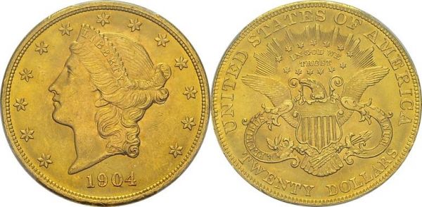 20 Dollars 1904, Philadelphia. KM 74.3; Fr. 176. AU. 33.44 g. PCGS MS 64+