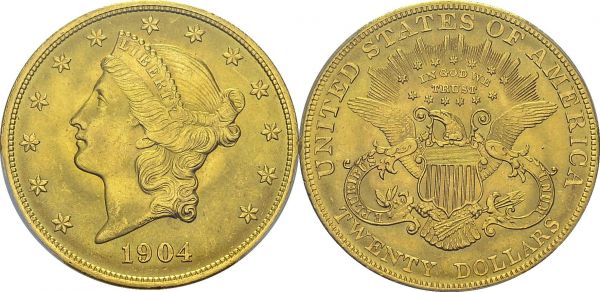 20 Dollars 1904, Philadelphia. KM 74.3; Fr. 176. AU. 33.44 g. PCGS MS 64+ 