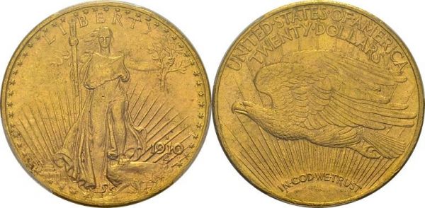 20 Dollars 1910 S, San Francisco. KM 131; Fr. 186. AU. 33.44 g. PCGS MS 64