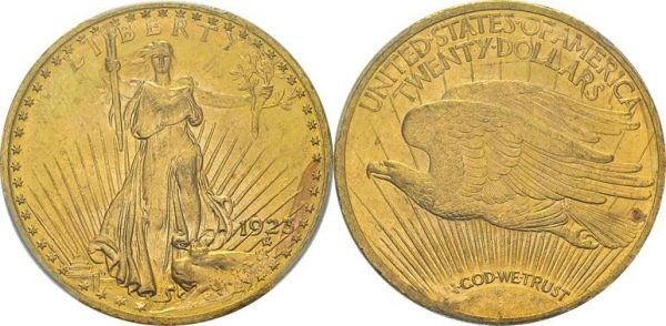 20 Dollars 1923, Philadelphia. KM 131; Fr. 185. AU. 33.44 g. PCGS MS 64 
