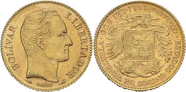 Republic, 1811-. 20 Bolivares 1911. KM 32; Fr. 5c. AU. 6.45 g. UNC 