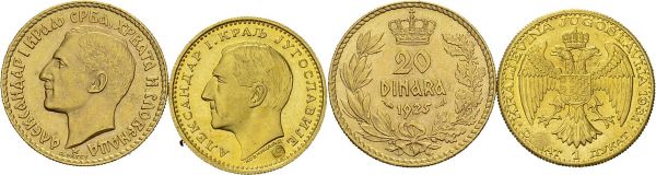 Alexander I, 1929-1934. Lot of 2 coins : 20 Dinara 1925; Ducat 1931 sword. Total (2). KM 7, 12.1; Fr. 3, 5. AU. 6.45, 3.48 g. UNC 