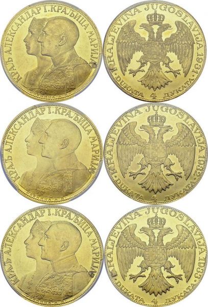 Alexander I, 1929-1934. Lot of 3 coins : 4 Ducats 1931 sword, 1932 corn, 1933 corn. Total (3). KM 14.1, 14.2 (2); Fr. 4. AU. 13.96 g (3). PCGS MS 61 PL, MS 61, MS 62 PL Only 9 coins graded PL for the whole type at both PCGS and NGC.