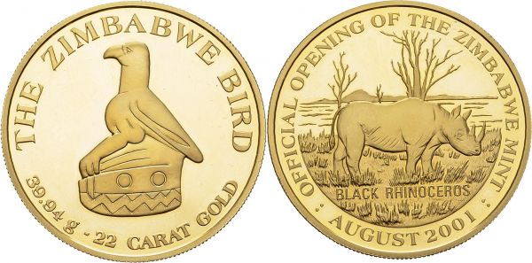 Republic, 1980-. Medallic 5 Pounds 2001. 38,5 mm. Opening of the Zimbabwe mint. AU. 39.94 g. PROOF In original case. 