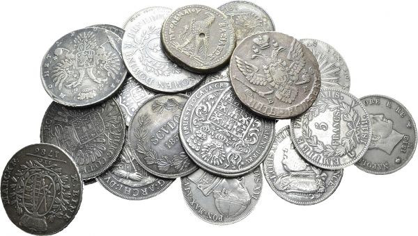 Lot of 21 coins : AUSTRIA. Thaler 1627 Hall, 1755 Vienna. FRANCE. Ecu 1761 R, 1651 A, 5 Francs 1811 A (2), 1815/4 I, 1828 A, 1852 A. GERMANY. Holy Roman Empire Thaler 1621, Brandeburg-Ansbach Thaler 1629, Saxony Thaler 1786. ITALY. Milano 5 Lire 1812 M, Naples 120 Grana 1851, Stato Pontificio Scudo 1834 IV, 1853 VII. RUSSIA. Rouble 1731, 1913. SWITZERLAND. Geneva Thaler 1796. Are joined a bronze of Ptolemy III (246-221 BC) and a russian 5 Kopek 1789 EM. Total (21). AR (19), BR (2).
