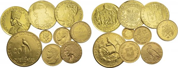 Lot of 9 coins : BOLIVIA, 4 Escudos 1788 Potosi; ETHIOPIA, ¼ Talari 1931 Coronation; FINLAND, 20 Markkaa 1879; FRANCE, Double Louis 1786 H; GUATEMALA, 20 Quetzales 1926; RUSSIA, 5 Roubles 1899 ФЗ; SWITZERLAND, 20 Francs 1893; USA, 1 Dollar 1853, 5 Dollars 1916 S. Total (9). KM 58; X11; 9.2; 592.6; 246; 62; 31.3; 73; 129. AU. 100.59 g. (total weight). 