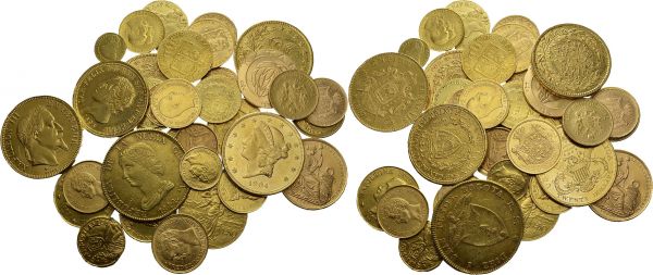 Lot of 140 coins : BYZANTINE EMPIRE, Constantine IV Semissis, Theophilus Solidus, Gold Hyperpyron. AUSTRALIA, Sovereign 1870 Sydney, 1877 S, 1907 M, 5 Dollars 2001 Snake, 2010 Tiger. AUSTRIA, Salzburg Ducat 1792, Ducat 1853 A. BELGIUM, 10 Francs 1850, 20 Francs 1865 (3), 1914 FR (2), 1914 NL. CANADA, Sovereign 1911 C, 5 Dollars 1987. CONGO, 1500 Francs 2007 (Napoleon Bonaparte). CANADA, Sovereign 1911 C (2). COLOMBIA, 8 Escudos 1816 NI FR Popayan, 16 Pesos 1844 Bogota. DENMARK, 20 Kroner 1911, 1913, 1915. EGYPT. 100 Piastres AH 1335 / 1916. FRANCE, Louis d'or 1786 A, 1786 D, 20 Francs 1806 A (2), 1807 A (2), 1809 A, 1811 A, 40 Francs AN 12 A, 1811 A, 50 Francs 1858 A, 100 Francs 1867 BB. GERMANY, Hamburg 20 Mark 1878 J, 1900 J, Nuremberg Ducat klippe 1700, Prussia 20 Mark 1905 J, 1913 A, Wurttemberg 10 Mark 1905. GREAT BRITAIN, ½ Sovereign 1883, 1892 (2), Sovereign 1853, 1855. GREECE, 20 Drachmai 1884 A. HUNGARY, 20 Francs 8 Forint 1878. INDIA, Sovereign 1918 I. IRAN. ¼ Pahlavi SH 1339, ½ Pahlavi 1338, 1 Pahlavi 1334, ¼ Azadi SH 1370, Pahlavi 1337. ITALY, Napoleon 20 Lire 1813 M, 40 Lire 1808 M, 1814 M (2), Sardinia 20 Lire 1849 Genova, 1857 Torino, 80 Lire 1826 Torino (2), 1828 Genova, 100 Lire 1835 Torino, Papal States 20 Lire 1866 XXI, 1868 XXIII, 1869 XXIV, Regno d'Italia 10 Lire 1863 T (2), 20 Lire 1863 T, 50 Lire 1911 R. IVORY COAST, 25 Francs 1966. JAPAN, 100'000 Yen 1986. KATANGA, 5 Francs 1961 (2). LIBERIA, 25 Dollars 2001 Guisan. LIECHTENSTEIN, 25 Franken 1956, 50 Franken 1956. MEXICO, 2 Pesos 1920. MONACO, 20 Francs 1879 A. NETHERLANDS, Ducat 1759, 1928, 5 Gulden 1912, 10 Gulden 1897. PALAU, Dollar 2009 (Don Bosco). PERU, Libra 1911, 1962, 1965, 50 Soles 1965 (3). RUSSIA, 7.50 Roubles 1897 АГ. SERBIA, 10 Dinara 1882 V. SPAIN, ½ Escudo 1786 M DV, Escudo 1783 ID, 2 Escudos 1803 NI FA O, 10 Pesetas 1878 (19-62), 20 Pesetas 1887 (19-62), 1889 (2), 1890, 1896 (19-62), 1899 (18-99), 25 Pesetas 1877 (18-77), 1878 (18-78), 1880 (18-80, 2). SWEDEN, 1000 Kronor 1996. SWITZERLAND, 10 Francs 1914, 1922 (2), 20 Francs 1893, 1894, 1897, 1926. TUNISIA, 20 Francs 1904 (3). TURKEY, ½ Hayriye Altin AH 1223/21 (1828), 12 ½ Kurush 1327/2 (1910), 25 Kurush 1293/25 (1900), 500 Kurush 1277/8 (1868), 25 Kurush 1923/39 (1961). USA, 1 Dollar 1855, 1853, 2 ½ Dollars 1911, 5 Dollars 1881, 1881 S, 10 Dollars 1881, 1899, 1910, 20 Dollars 1904, 5 Dollars 1986, 2001 (proof). VATICAN. 100 Lire 1934. Total (140). AU. 1169.85 g. (total gross weight). (total 140) 