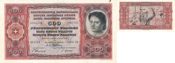 Confederation, 1848-. Proof reserve note of 500 Francs 1 august 1949 by Hans Erni. Serie 4M, serial number 012352. Pick -; Richter PR2b. RRR UNC Dated and numbered in the margin. Unpriced by Richter, only three others known, one in the Swiss National Bank collection, and two in private hands. During the Second World War, the Swiss National Bank commissioned the two painters – Victor Surbeck and Hans Erni – to design new notes. While the 1000 Francs, 100 Francs and 50 Francs notes went into print, the 500 Francs note did not progress beyond the proof stage. None of the notes were ever put into circulation. (https://www.snb.ch/en/iabout/cash/history/id/cash_history_serie4#t3).