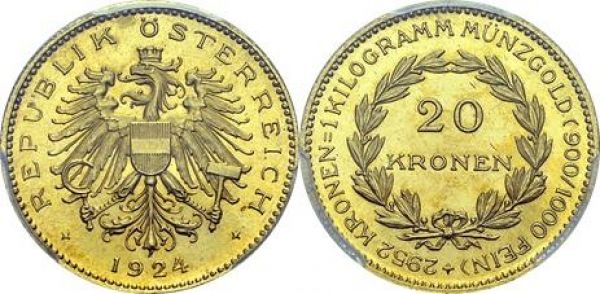 Ist Republic, 1919-1938. 20 Kronen 1924, Vienna. Obv. REPUBLIK ÖSTERREICH. Crowned eagle holding hammer and sickle, coat of arms on his chest. Rev. 2952 KRONEN = 1 KILOGRAMM MÜNZGOLD (900/1000 FEIN). Value within laurel wreath. KM 2830; Fr. 519. AU. 6.78 g. PCGS MS 66  