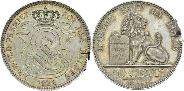 Royaume. Léopold Ier, 1831-1865. 10 Centimes 1832. Epreuve en argent, tranche striée. Dupriez 10. AR. 23.78 g. UNC endommagée  
