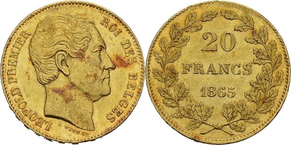 Royaume. Léopold Ier, 1831-1865. 20 Francs 1865, Bruxelles. KM 23; Fr. 411. AU. 6.44 g. UNC taches rouges  