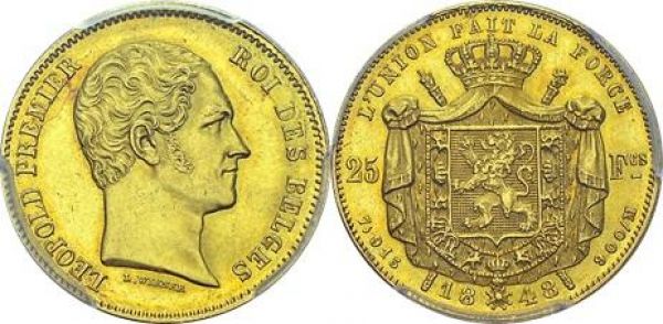 Royaume. Léopold Ier, 1831-1865. 25 Francs 1848, Bruxelles. KM 13.1; Fr. 405. AU. 8.06 g. PCGS MS 63