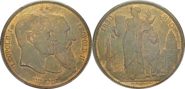 Léopold II, 1865-1909. Module de 5 Francs 1880 par Wiener. 50e anniversaire de l’indépendance. Dupriez 1215 var. BR. 25.19 g. PCGS MS 65 RB  