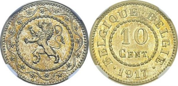 Albert Ier, 1909-1934. 10 Centimes 1917, BELGIQUE - BELGIE. Essai en argent. Dupriez 2023. AR. NGC PF 63