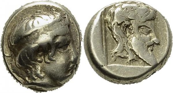 Lesbos. Mytilene. Hekte 454-427 BC. Obv. Apollo head right. Rev. Silenos head right within incuse square. HGC 6, 977. EL. 2.57 g. VF  