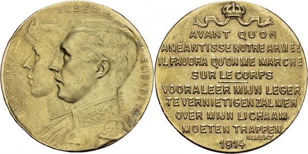 Albert Ier, 1909-1934. Médaille en or 1914 par Baetes. Albert et Elisabeth. AU. 11.11 g. AU ex bijou