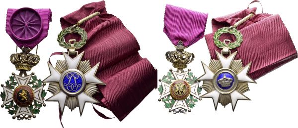 Lot de 2 décorations : Ordre de Léopold, croix d'officier à titre civil en vermeil et émail ; Ordre de la Couronne, croix de commandeur en vermeil et émail (nettoyée, dorure peu visible). Total (2). Klenau 4317, 4327. AR TTB-SUP, TTB  Avec rubans.