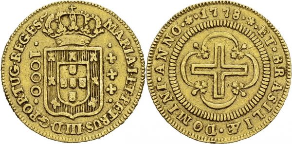 Maria I and Pedro III, 1777-1786. 1000 Reis 1778, Lisbon. KM 208; Fr. 84. AU. 2.05 g. AU  