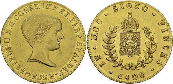 Pedro II, 1831-1889. 6400 Reis 1832 R, Rio de Janeiro. KM 387; Fr. 113. AU. 14.31 g. AU  